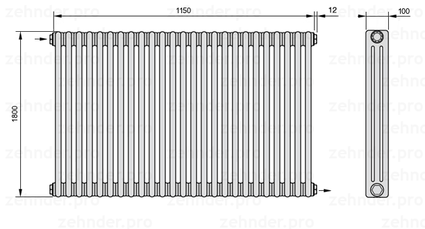 Схема (чертеж) Радиатор Zehnder Charleston 3180/25 №1670 Белый глянцевый RAL 9016